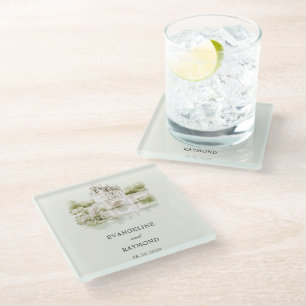 Elegant Watercolor Manor Garden Wedding Glass Coaster