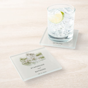 Elegant Watercolor Manor Garden Wedding Glass Coaster