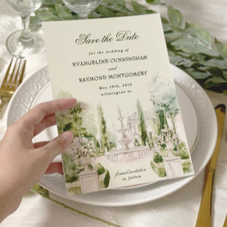 Elegant Watercolor Manor Garden Wedding Save The Date