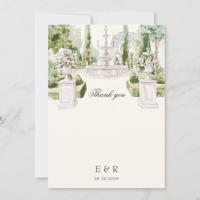 Elegant Watercolor Manor Garden Wedding Thank You Card (Front)