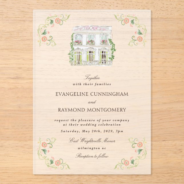 Elegant Watercolor Manor Rococo Wedding Acrylic Invitations (Front)
