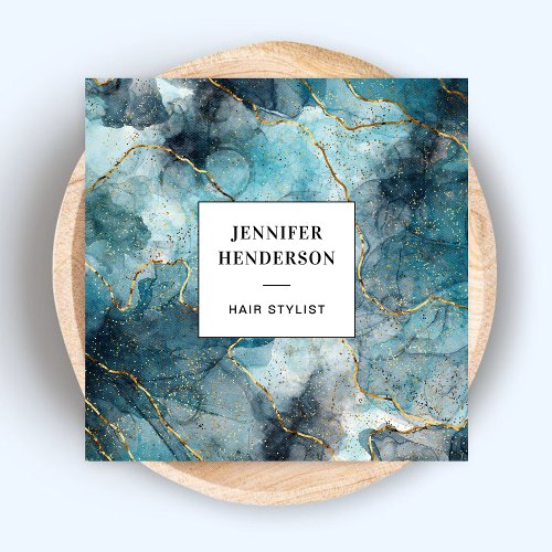 Elegant Watercolor Marble Blue Gold Hairdresser  Square Business Card