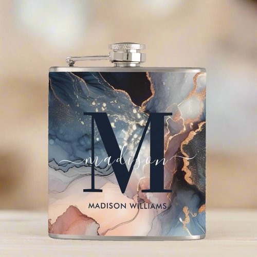 Elegant Watercolor Marble Pink Blue Gold Monogram  Flask