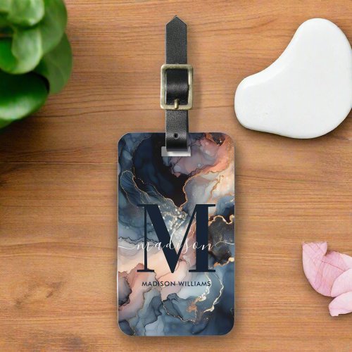 Elegant Watercolor Marble Pink Blue Gold Monogram  Luggage Tag