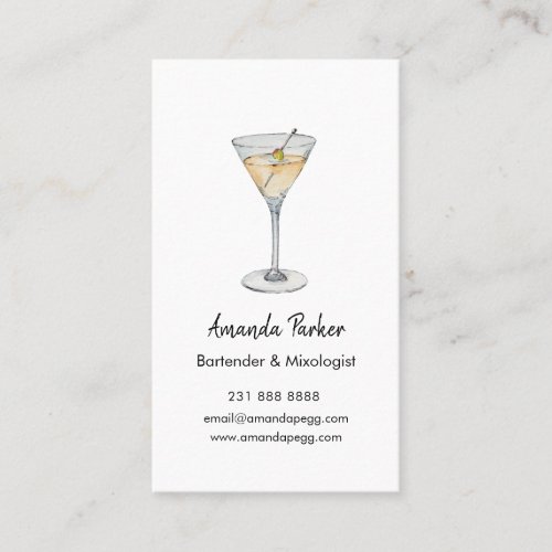 Elegant watercolor Martini bartender Mixologist  Business Card