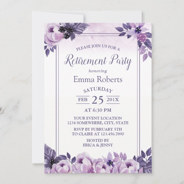 Elegant Watercolor Mauve Floral Retirement Party Invitation (Front)