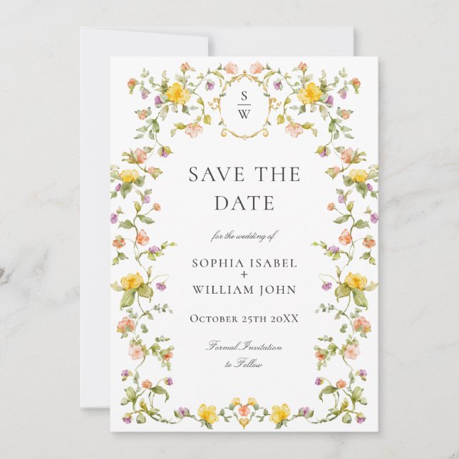 Elegant Watercolor Meadow Wildflower Wedding Save The Date (Front)