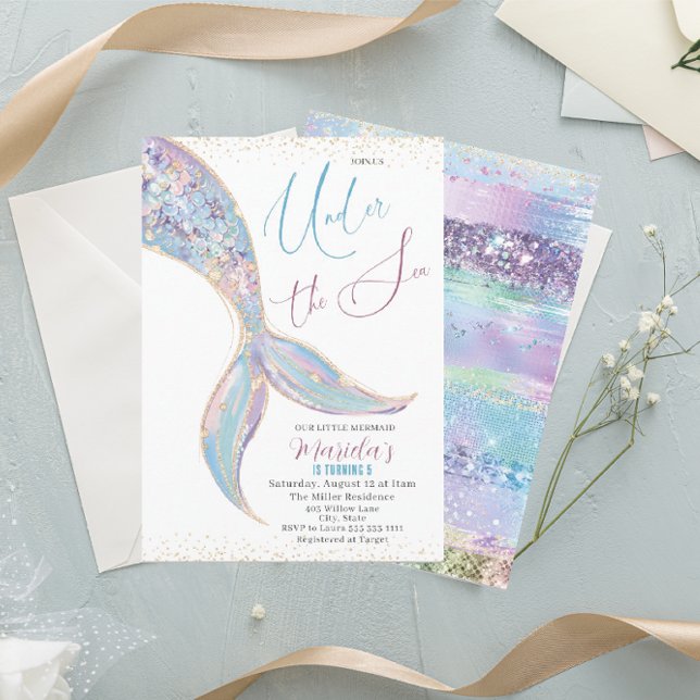 Elegant Watercolor Mermaid Tail Under 5 th Birthda Invitation (Creator Uploaded)