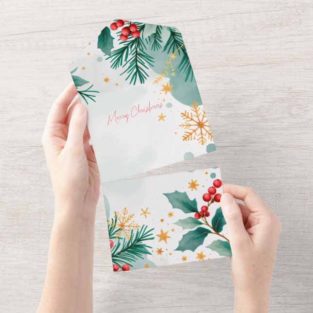 Elegant Watercolor Merry Christmas Card – Leaves  (Tearaway)