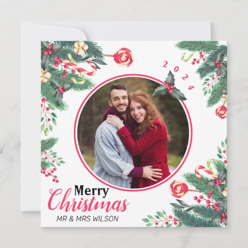 Elegant Watercolor Merry Christmas Couple Photo Holiday Card
