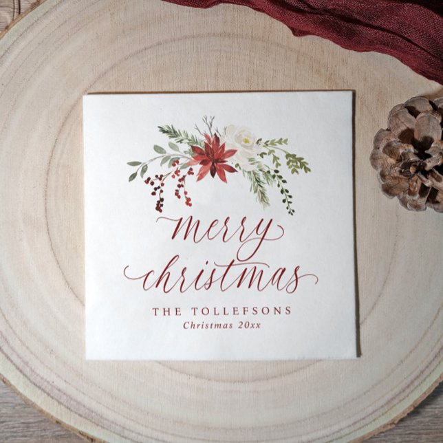 Elegant Watercolor Merry Christmas Holiday Berries Napkins (Elegant Christmas napkins with an elegant botanical watercolor design and "merry Christmas" script)