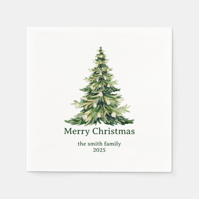 Elegant Watercolor Merry Christmas Tree Non-Photo Napkins (Front)