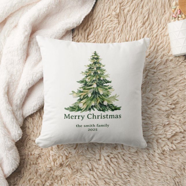 Elegant Watercolor Merry Christmas Tree Non-Photo Throw Pillow (Blanket)