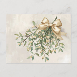 Elegant Watercolor Mistletoe and Gold Bow Holiday Postcard