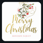 Elegant Watercolor Mistletoe Gold Merry Christmas Square Sticker<br><div class="desc">Trendy Christmas stickers with an elegant watercolor mistletoe print . Personalize with family name.</div>