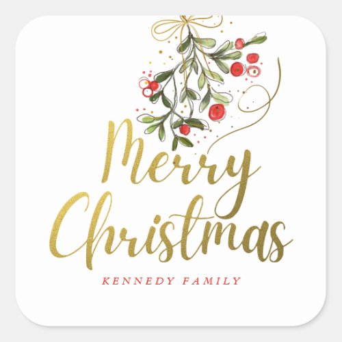 Elegant Watercolor Mistletoe Gold Merry Christmas Square Sticker