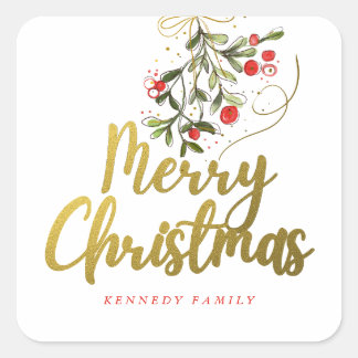 Elegant Watercolor Mistletoe Gold Merry Christmas Square Sticker