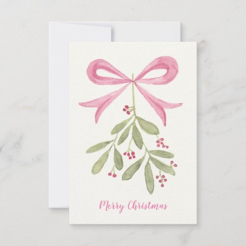 Elegant watercolor mistletoe with bow holiday thank you card