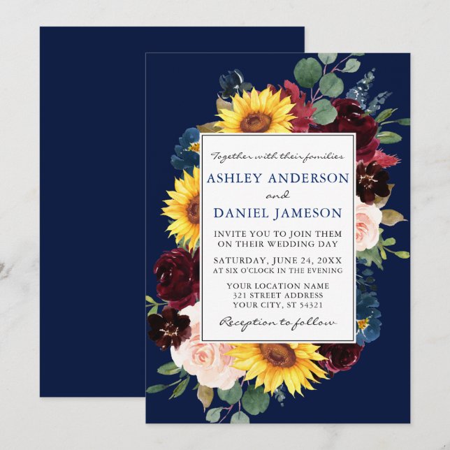 Elegant Watercolor Mixed Floral Frame Blue Wedding Invitation (Front/Back)