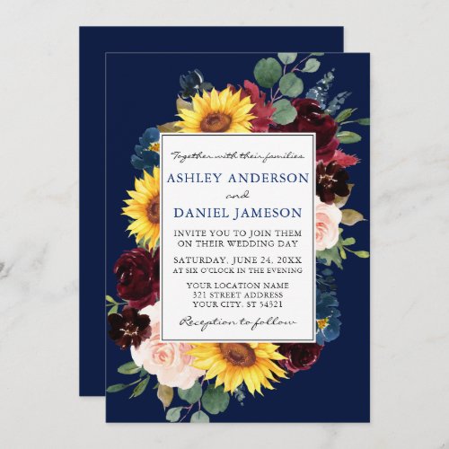 Elegant Watercolor Mixed Floral Frame Blue Wedding Invitation