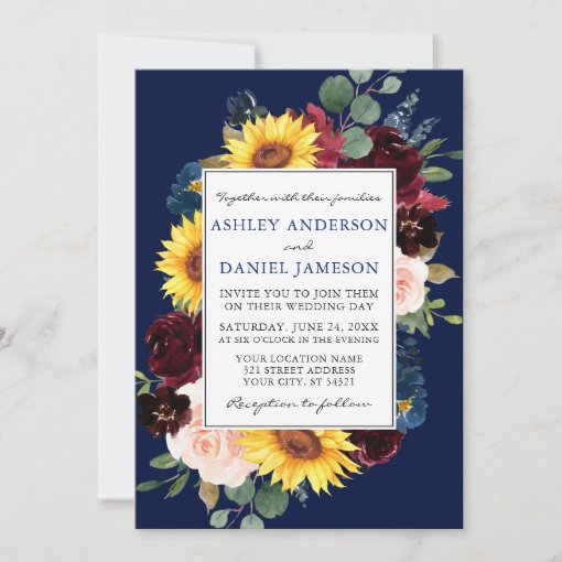 Elegant Watercolor Mixed Floral Frame Blue Wedding Invitation | Zazzle