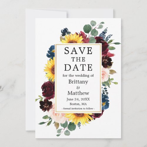 Elegant Watercolor Mixed Floral Gold Frame Save The Date
