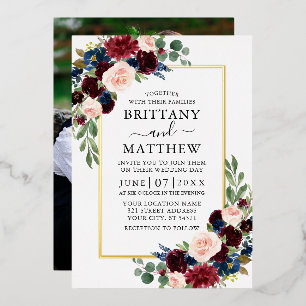 Elegant Watercolor Mixed Floral Photo Wedding Gold Foil Invitation
