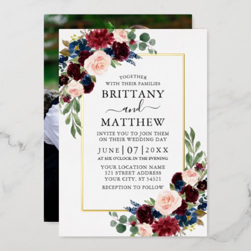 Elegant Watercolor Mixed Floral Photo Wedding Gold Foil Invitation