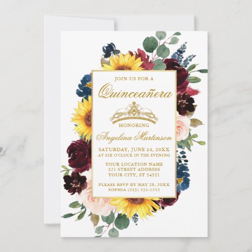 Elegant Watercolor Mixed Floral Quinceanera Gold Invitation