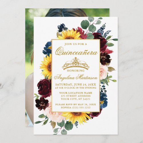 Elegant Watercolor Mixed Floral Quinceanera Photo Invitation