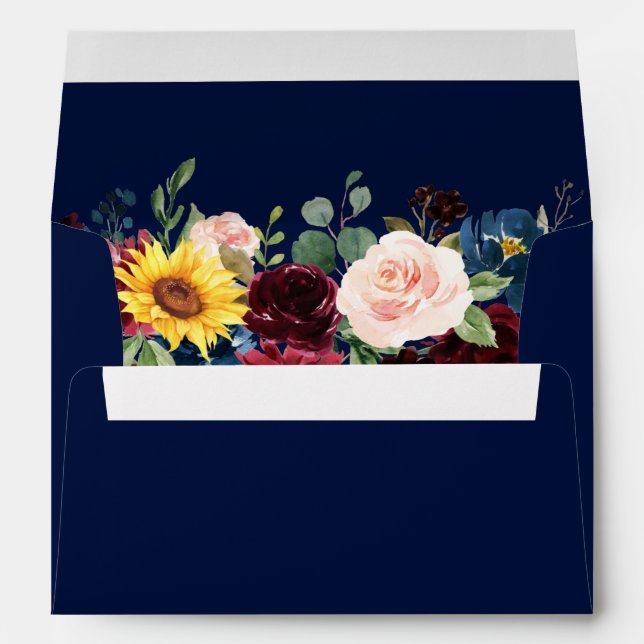Elegant Watercolor Mixed Floral Wedding Blue Envelope (Back (Bottom))