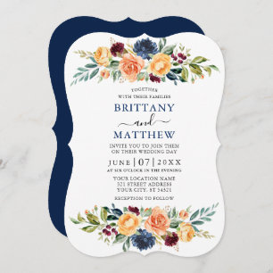 Elegant Watercolor Mixed Floral Wedding Blue Invitation