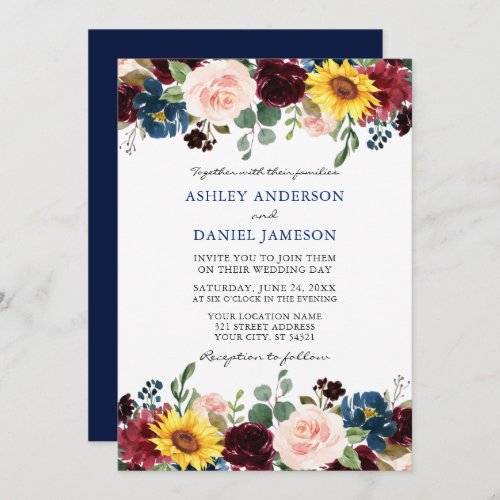 Elegant Watercolor Mixed Floral Wedding Blue Invitation