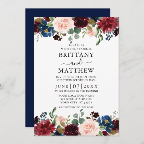 Elegant Watercolor Mixed Floral Wedding Blue Invitation