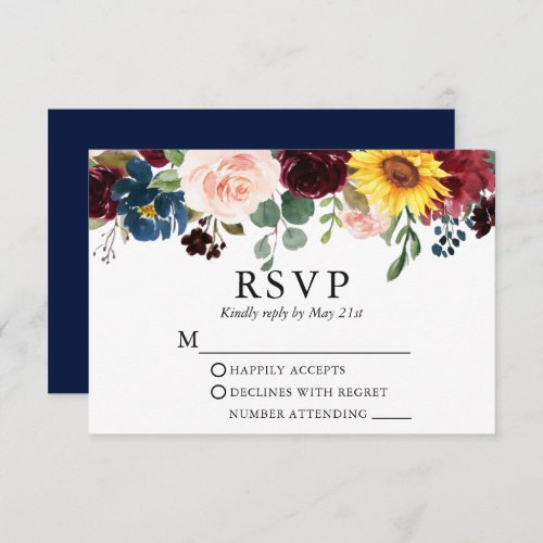 Elegant Watercolor Mixed Floral Wedding Blue RSVP Card