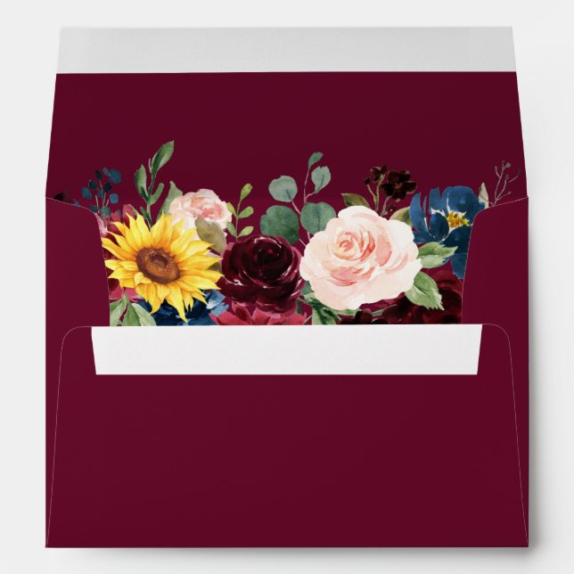 Elegant Watercolor Mixed Floral Wedding Burgundy Envelope (Back (Bottom))