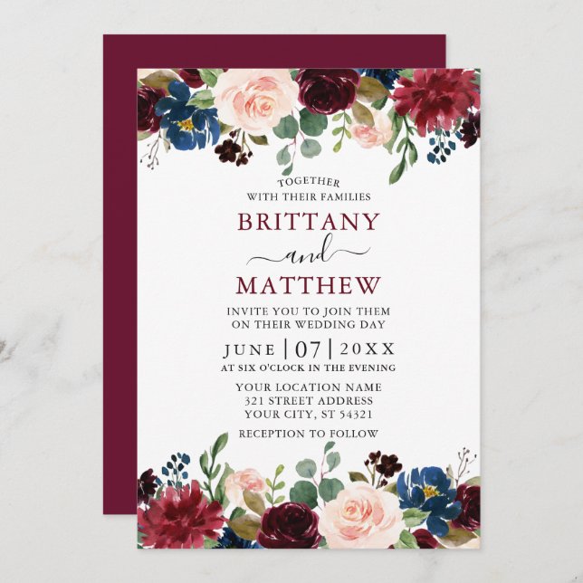 Elegant Watercolor Mixed Floral Wedding Burgundy Invitation (Front/Back)
