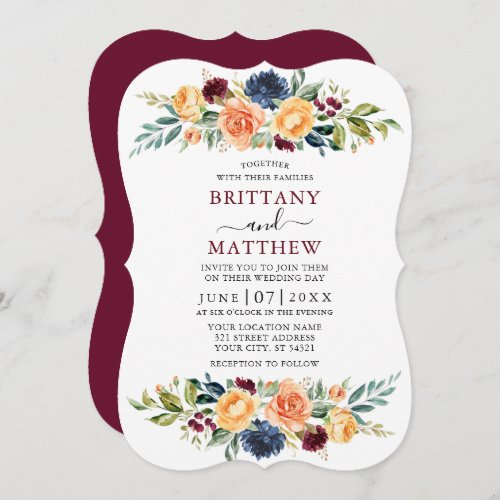 Elegant Watercolor Mixed Floral Wedding Burgundy Invitation