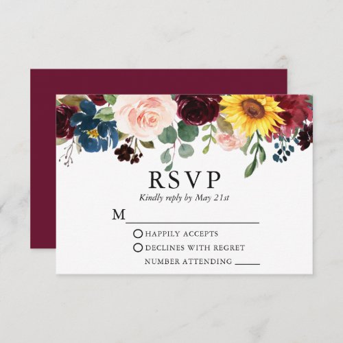 Elegant Watercolor Mixed Floral Wedding Burgundy RSVP Card