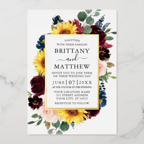 Elegant Watercolor Mixed Floral Wedding Gold Foil Invitation
