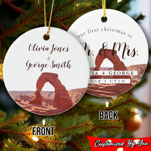 Elegant Watercolor Moab Our First Christmas Ceramic Ornament