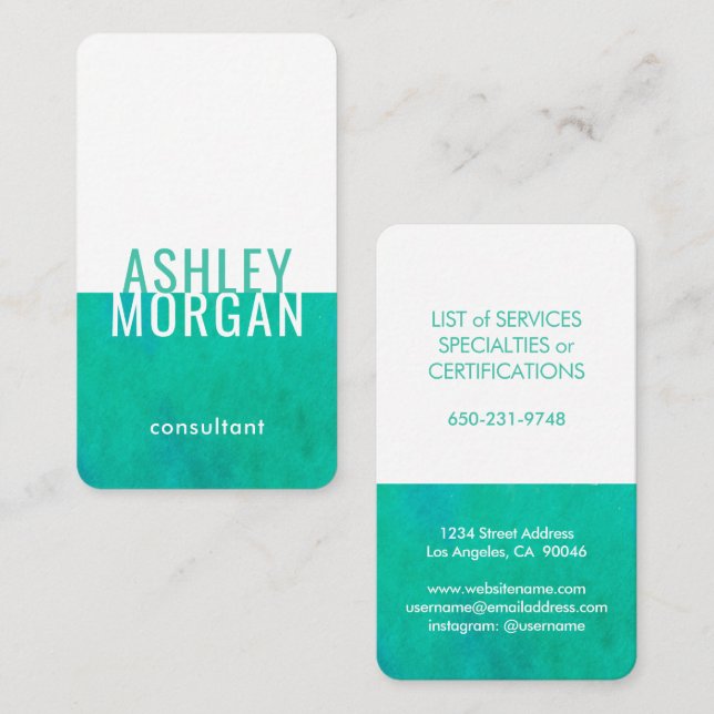 Elegant Watercolor Modern Minimalsit Teal Vertical Business Card (Front/Back)