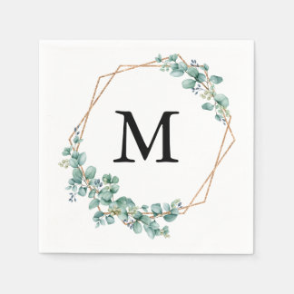 Elegant Watercolor Monogram Gold Green Wedding Napkins