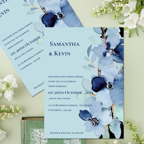 Elegant Watercolor Moody Blue Floral Wedding Invitation