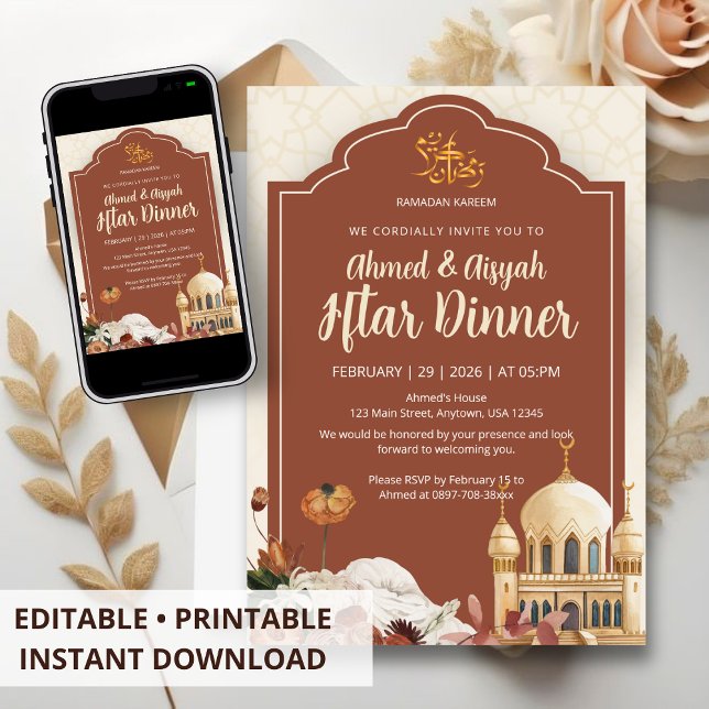 Elegant Watercolor Mosque Floral Iftar Party Invitation (Creator Uploaded)