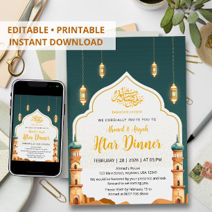 Elegant Watercolor Mosque Minarets Iftar Dinner Invitation