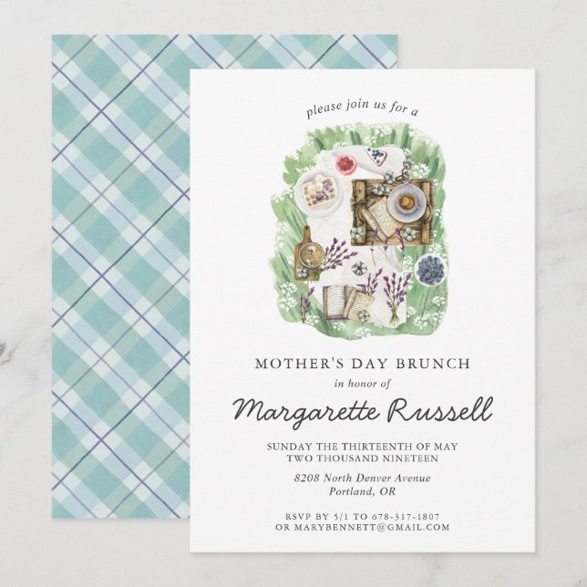 Elegant Watercolor Mother's Day Picnic Brunch Invitation (Front/Back)