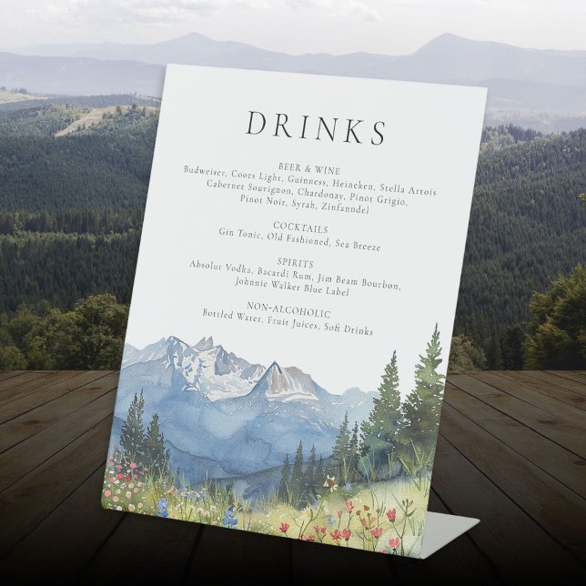 Elegant Watercolor Mountain Drinks Menu Pedestal Sign (Elegant Watercolor Mountain Drinks Menu Pedestal Sign)
