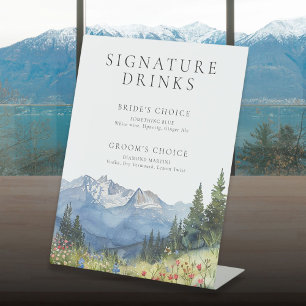 Elegant Watercolor Mountain Signature Drinks Pedestal Sign