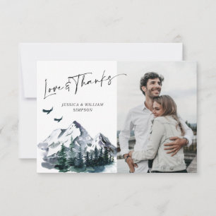 Elegant Watercolor Mountains Forest PHOTO Wedding Thank You Card